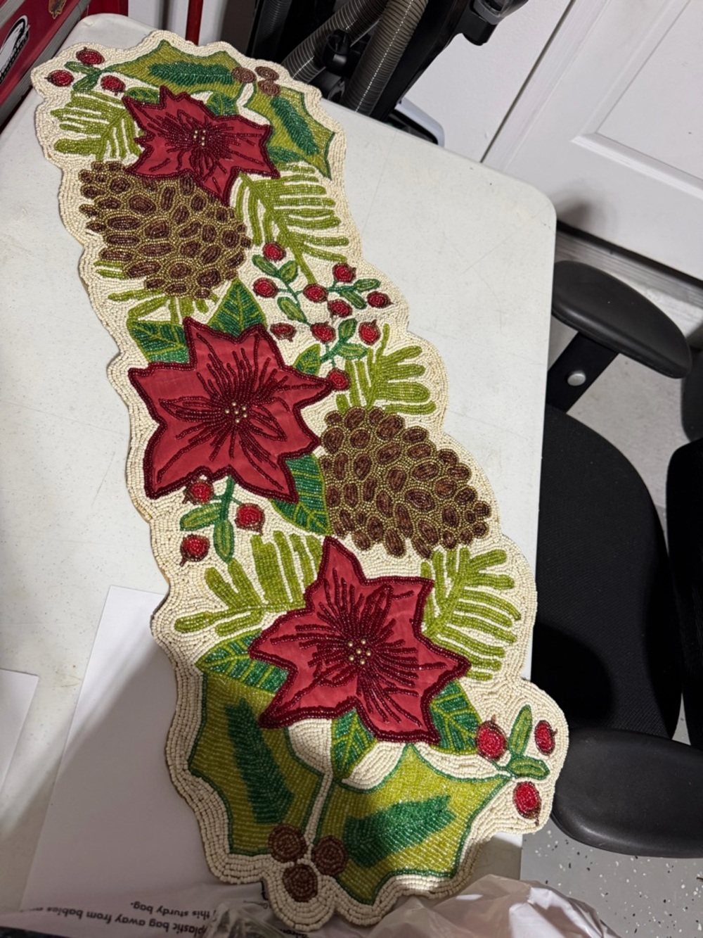 Festive Red Poinsettia Beaded Holiday Table Runner